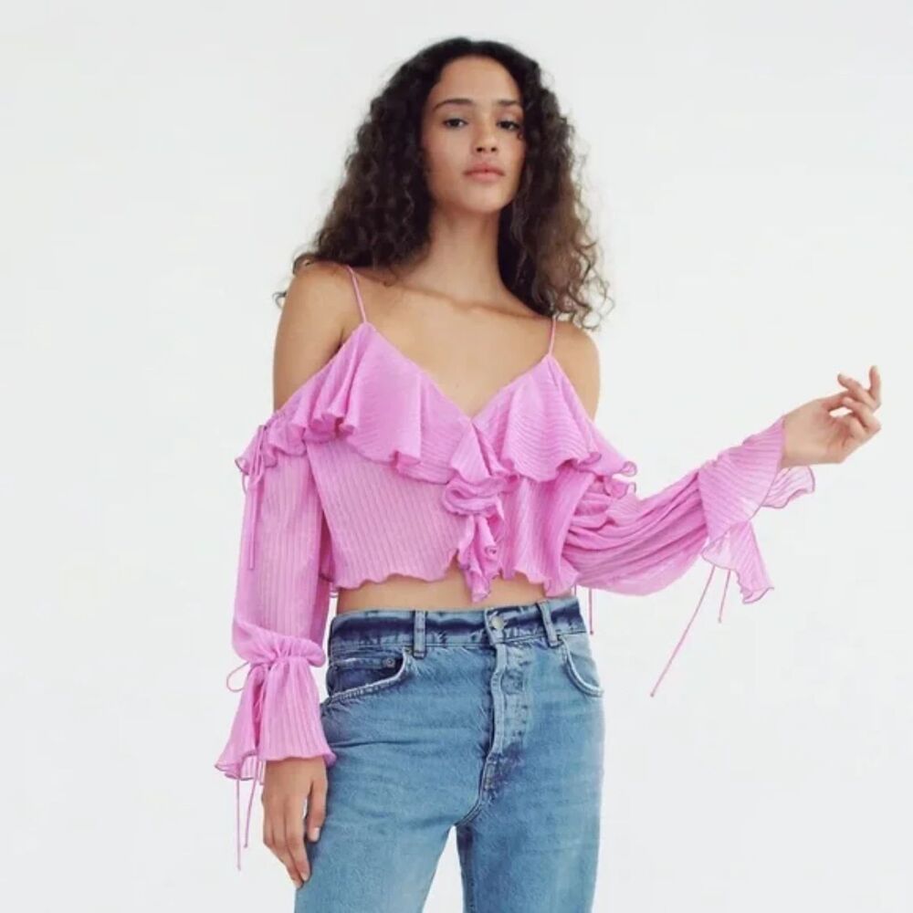 Zara Pink Ruffled Pleated Top Off the Shoulder Long Sleeve Size M